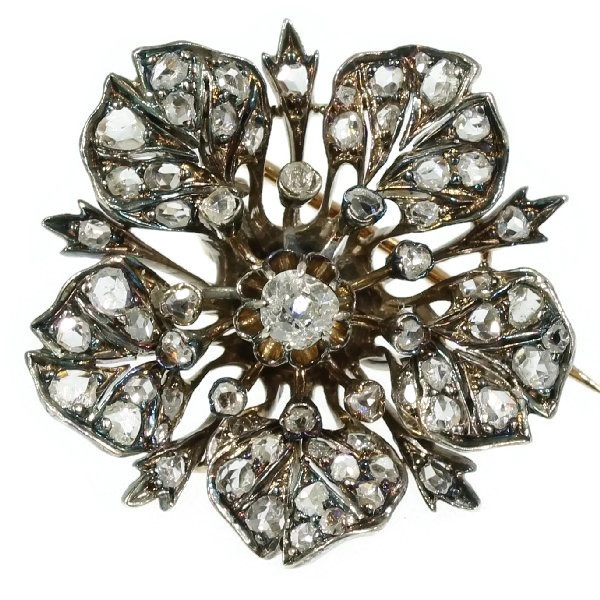Victorian antique flower brooch fully covered with diamonds and brilliant center